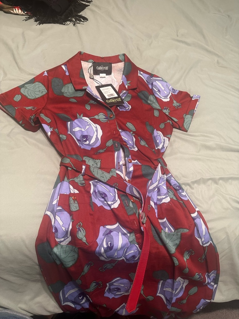 Collectif Red Floral Shirt Dress with Purple Roses
